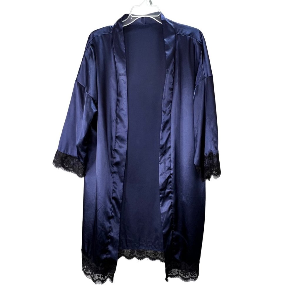 Blue Satin Robe Kimono Sleeve size M L Women Black Lace Trim Open Front